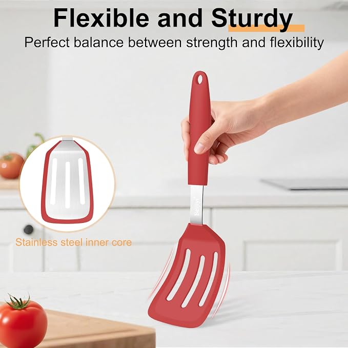 Beijiyi 2 Pack Silicone Spatula Set, Heat Resistant, for Nonstick Cookware | Flipping & Cooking, BPA Free, Flexible, Solid & Slotted Turner, Non-Toxic Kitchen Utensils, Non Scratch, Dishwasher Safe