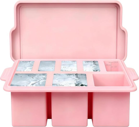 Silicone Ice Cube Tray with Lid 8-Cavity Reinforced Steel Frame Ice Cube Trays Easy Release BPA-Free Makes 3 Large Square & 5 Small Rectangular Ice Trays for Cocktails Whiskey Coffee,Pink
