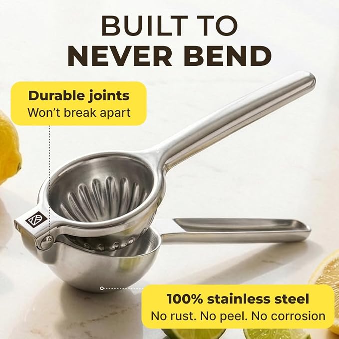 Stainless Steel Lemon Squeezer Press - No Seeds, Pro-Grade, Effortlessly Get Every Drop - Manual Non-Slip Grip Design - Lemon Lime Squeezer, Orange, and Citrus Fruit Hand Held Lemon Juicer Squeezer