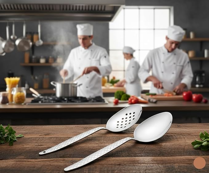 Chef Kunz Spoon | Pack of 2 | 9 inch 18/10 Stainless Steel Silver Plating Spoon | Non-Slip Grip Spoons for Basting, Quenelle, Serving, Sauces (Medium 2, kunz Spoon Set (2 piece)
