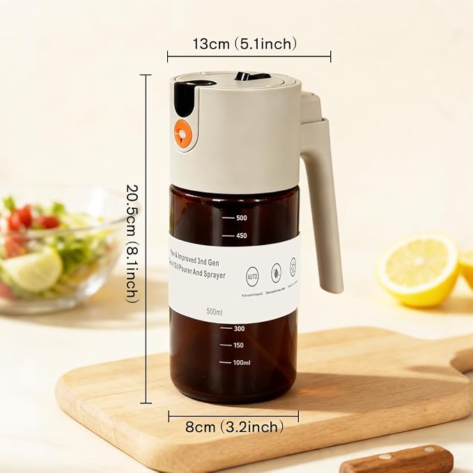 KEOUKE 2 in 1 Oil Sprayer & Dispenser for Cooking, 500ml Light-Blocking Glass Olive Oil Bottle with Gravity Sensing Cap, Ergonomic Push-Button Design for Air Fryer, BBQ, Salad