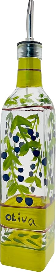 Hand Painted Glass Oliva Branch Oil/Vinegar Glass Cruet for Kitchen, 16 oz Olive Oil Dispenser With Stainless Steel Spout for Easy Pouring