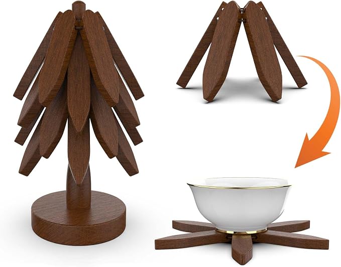 Wooden Trivets for Hot Dishes, Tree Shape Trivet Set, 4 Wooden Trivets+1 Stand, Natural Foldable Kitchen Wooden Trivet for Hot Dishes, Pot, Bowl, Teapot, Hot Pot Holders