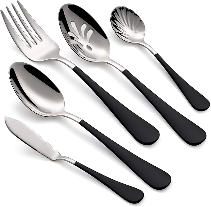 10 Pieces Black Serving Set, 18/0 Stainless Steel Hostess Set, Slotted Serving Spoon, Salad Serving Spoon/Fork, Butter Knife, Two Color Combinations, Dishwasher Safe