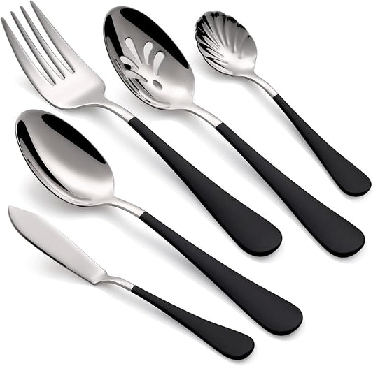 10 Pieces Black Serving Set, 18/0 Stainless Steel Hostess Set, Slotted Serving Spoon, Salad Serving Spoon/Fork, Butter Knife, Two Color Combinations, Dishwasher Safe