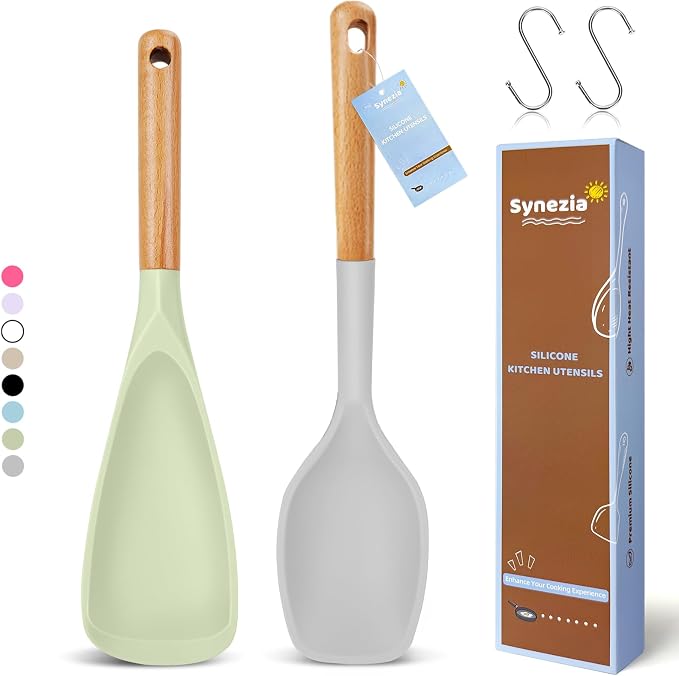 Large Silicone Cooking Spoons Set, 2 Pcs Non Stick Serving Spoon, Multifunction Big Flat Spatula Spoon, Kitchen Heat Heat Resistant Cucharras de Silicona for Mixing, Scooping, Scraping, Stiring