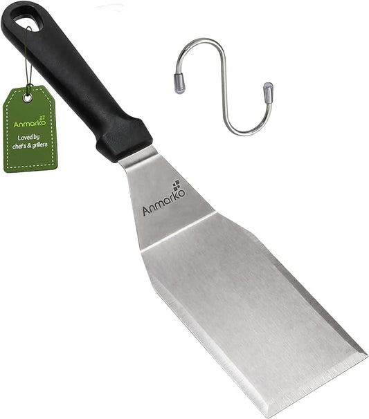 Anmarko Stainless Steel Metal Spatula, Hamburger Turner with Black Handle and S-Hook