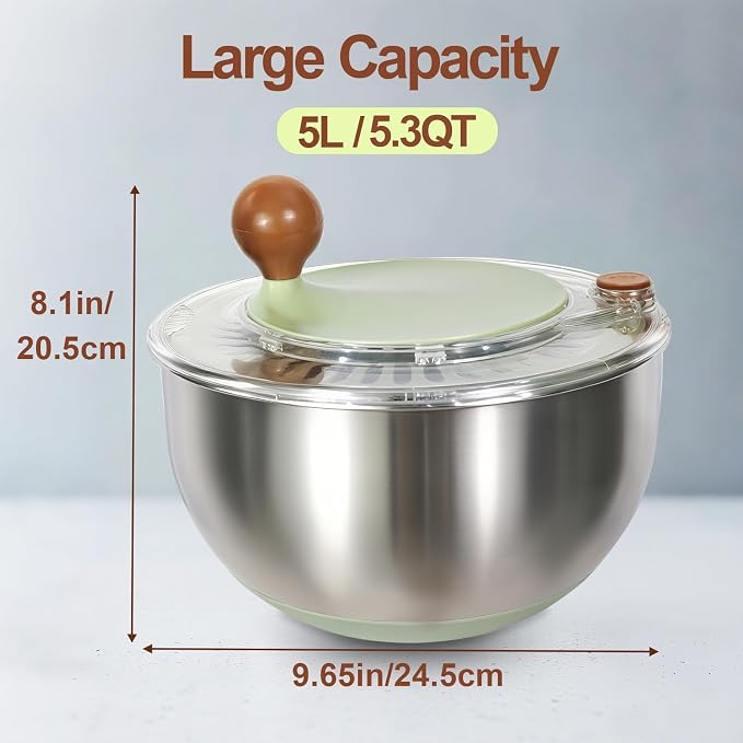 5.3Qt Stainless Steel Salad Spinner, Salad Spinner Stainless Steel With Stop Button & Drain Hole, Non-Slip Base, Vegetable Spinner Dryer, Dishwasher Safe For Kitchen