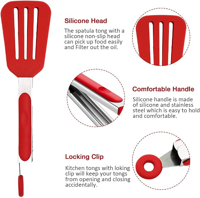 7 inch Small Serving Tongs with Silicone Tips 3 Pack(Red) | Stainless Steel Handle, Non-Scratch, Heat Resistant