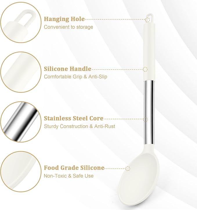 TeamFar Silicone Spoons, 2 Pcs Large Nonstick Kitchen Spoons, Heatproof Solid and Slotted Spoons for Cooking Mixing Serving Stirring, Healthy & Dishwasher Safe, White