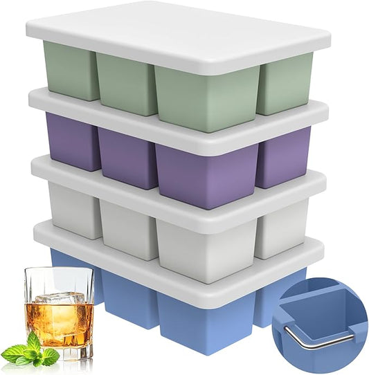 mossime Silicone Ice Cube Tray: 4pack Square Whiskey Large Ice Cube Molds - Old Fashioned Ice Cube Trays with Lid - 2inch Easy Release Big Freezer Mold for Cocktail Food Soup & Juice