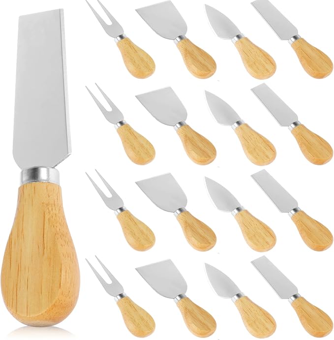16Pcs Cheese Knives Bulk,Stainless Steel Cheese Knife Spreaders Set Butter Cutter Cheese Cutting Spatula Forks Wooden Handle Small Cheese Spreader Tool Cheese Knives for Charcuterie Board Christmas
