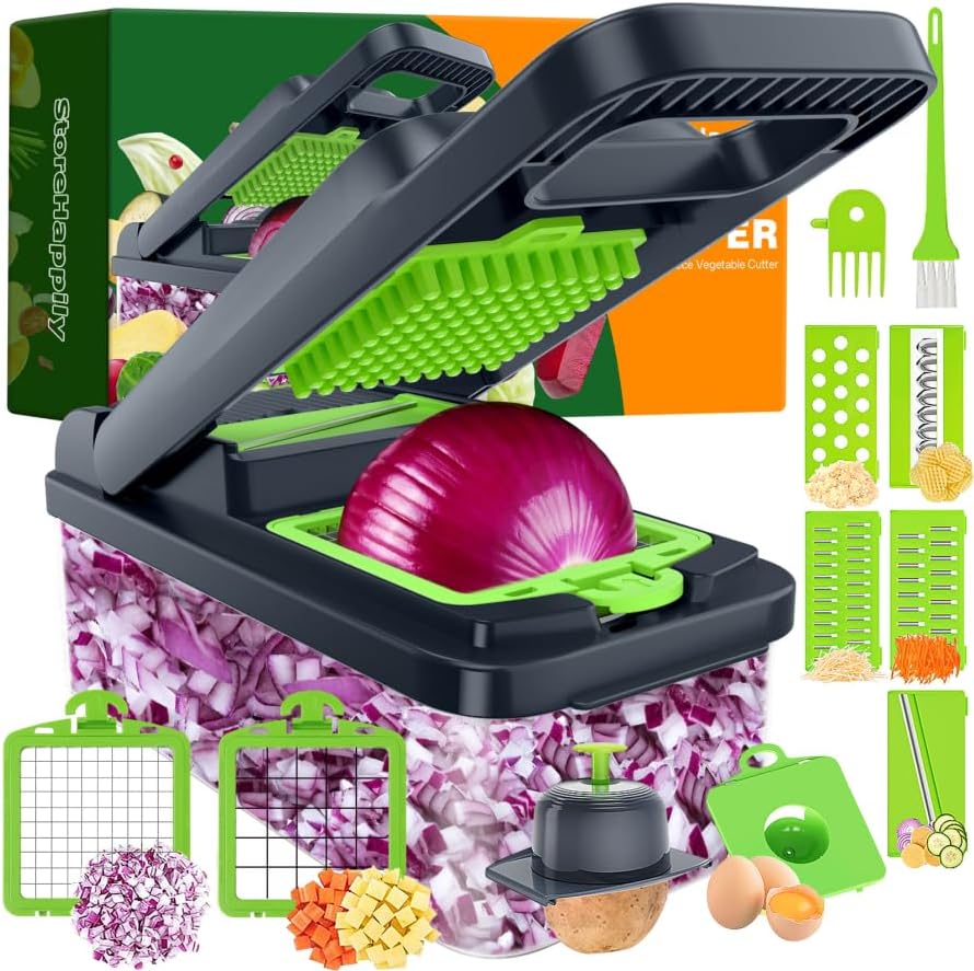 12-in-1 Vegetable Chopper 7 Blades, Veggie Cutter with Handle, Green/Grey