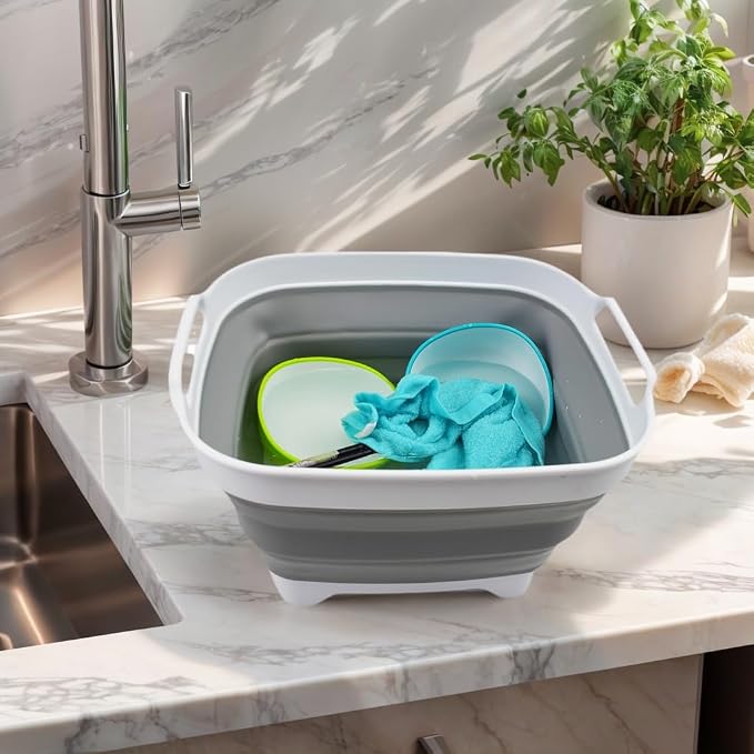 SAMMART 7.5L (2 Gallons) Collapsible Dishpan with Draining Plug - Foldable Washing Basin - Portable Dish Washing Tub - Space Saving y (White/Grey (Set of 2), 2)