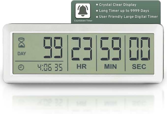 White Large LCD Digital Countdown Clock, Up to 999 Days - Easy to Set & Read Reusable Count Down Timer for Retirement, Wedding, Christmas, Holiday,Baby Due Date,Birthday & More