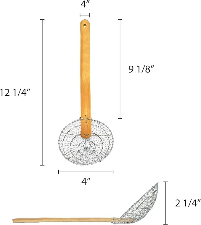 TrueCraftware- 4” Coarse Mesh Skimmer Galvanized Steel with Natural Bamboo Handle- Spider Strainer Ladle Kitchen Frying Food Pasta Spaghetti for Cooking and Frying Pasta Strainer Spoon