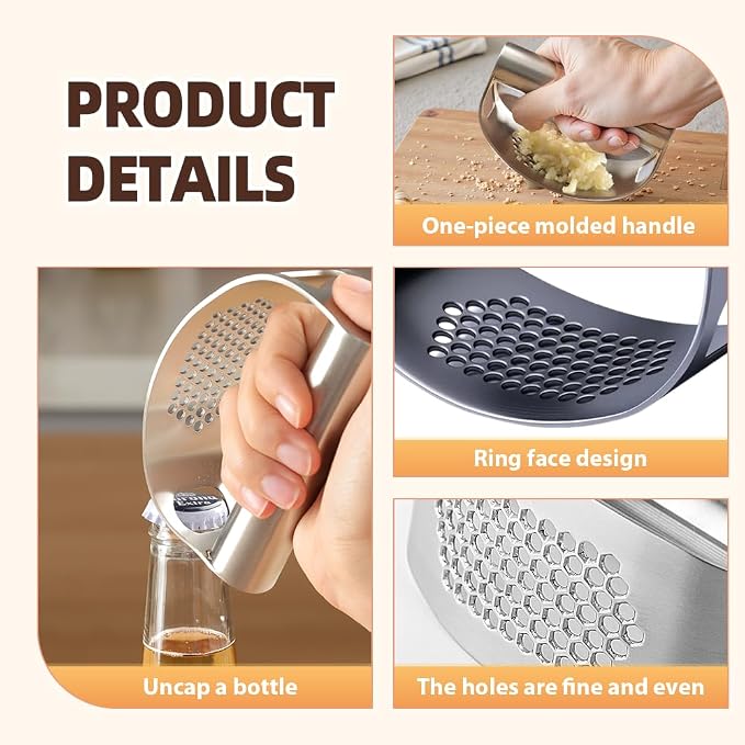 Stainless Steel Garlic Presser, Upgrade Rocker Crusher Masher with Garlic Peeling, 2026 New Portable Manual Stainless Steel Garlic Press for Home Kitchen Utensils (2)
