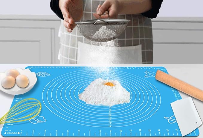 Silicone Baking Mat with Measurements – Heat Resistant, BPA Free, Non-Stick Pastry Mat for Rolling Dough – Easy to Clean Silicone Mat - Does Not Discolor-Blue