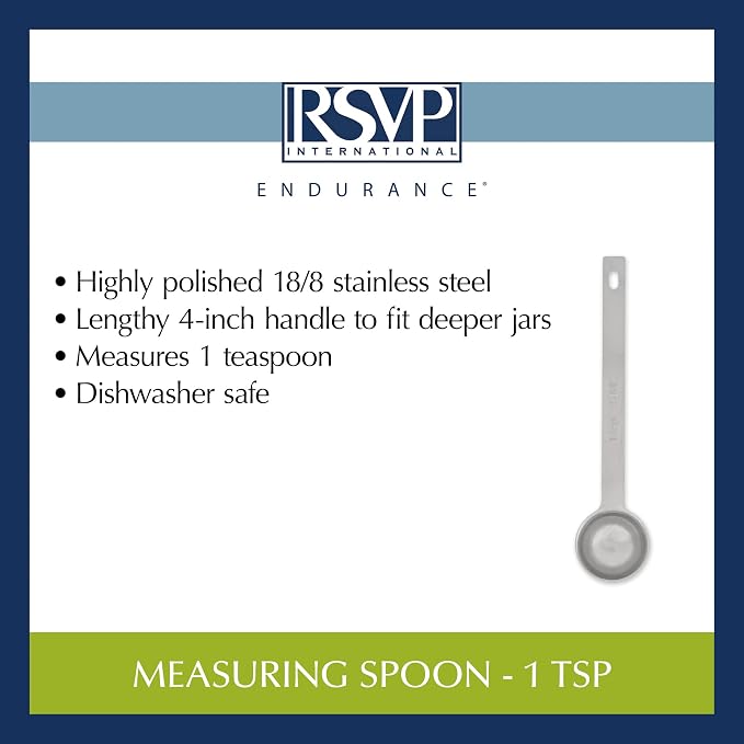 RSVP International Endurance Kitchen Collection Open Stock Measuring Spoon, Stainless Steel, Dishwasher Safe, 1-Teaspoon