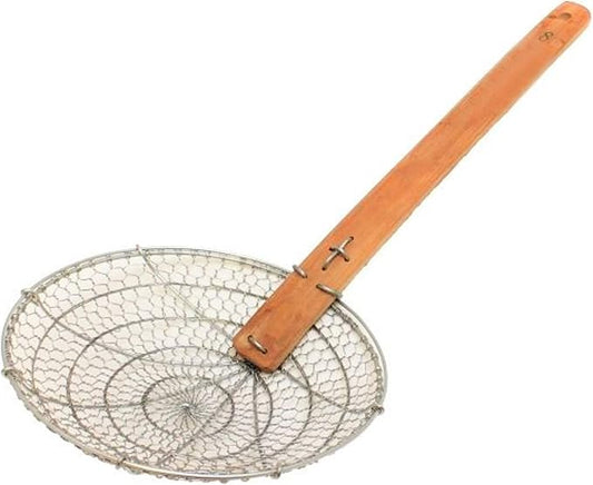 TrueCraftware- 8” Fine Mesh Skimmer Galvanized Steel with Natural Bamboo Handle- Spider Strainer Ladle Kitchen Frying Food Pasta Spaghetti for Cooking and Frying Pasta Strainer Spoon