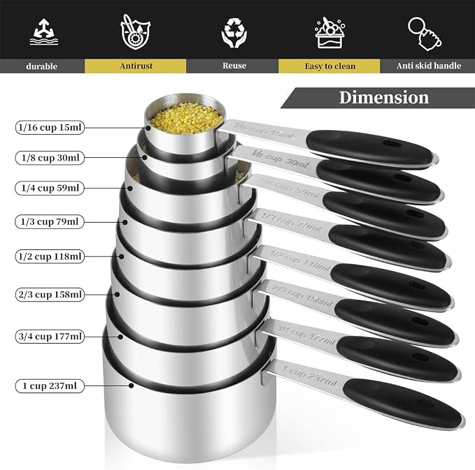 16 Pieces Measuring Cups and Magnetic Measuring Spoons Set Stainless Steel,8 Measure Cups with Silicone Handle and 7 Double Sided Magnetic Measure Spoons & 1 Leveler
