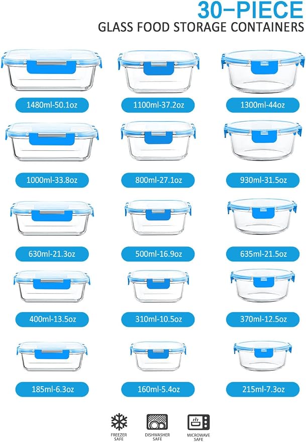 M MCIRCO 30 Piece Extra Large Glass Food Storage Containers with Lids, Blue | Glass Meal Prep Containers,Airtight Lunch Containers with Lids, Microwave, Oven, Freezer and Dishwasher Friendly, BPA Free