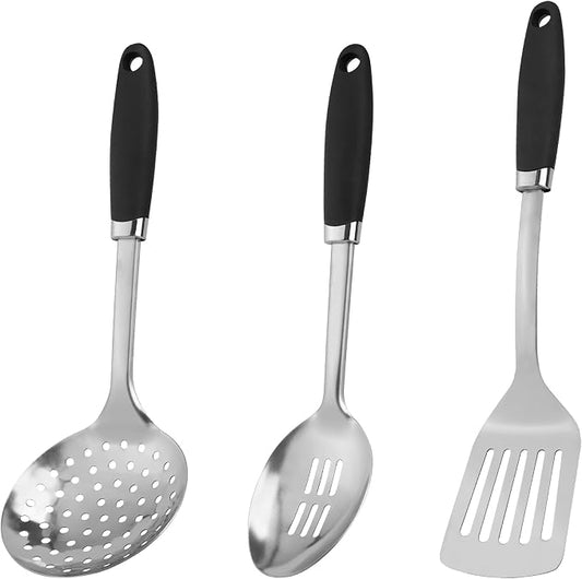 3 Piece Stainless Steel Cooking Utensils Set, Metal Slotted Spoon, Slotted Turner Spatula and Skimmer Set for Cooking, Frying, Serving, Dishwasher Safe