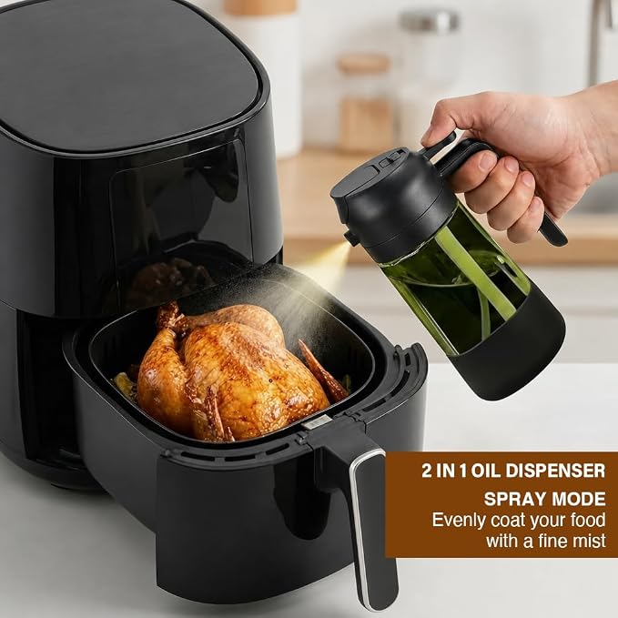 2-in-1 Oil Sprayer Dispenser, 16oz UV-Blocking Glass, Non-Slip | Extra Stability, Easy Refill, Refined Aesthetic