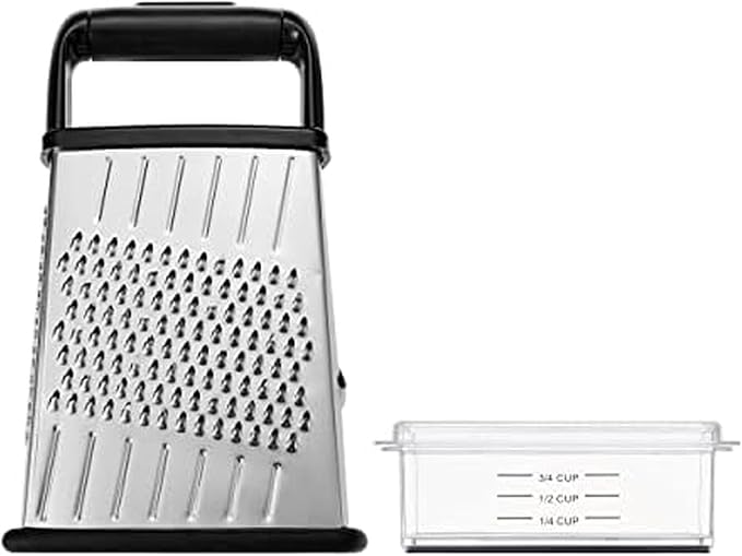 Farberware Slim Box Grater with Storage Container, Stainless Steel 4-Sided Cheese Grater with 1-Cup Catch Cup, Lid, and Non-Slip Base - Dishwasher Safe Kitchen Grater for Cheese, Vegetables, and More