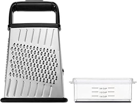 Farberware Slim Box Grater with Storage Container, Stainless Steel 4-Sided Cheese Grater with 1-Cup Catch Cup, Lid, and Non-Slip Base - Dishwasher Safe Kitchen Grater for Cheese, Vegetables, and More