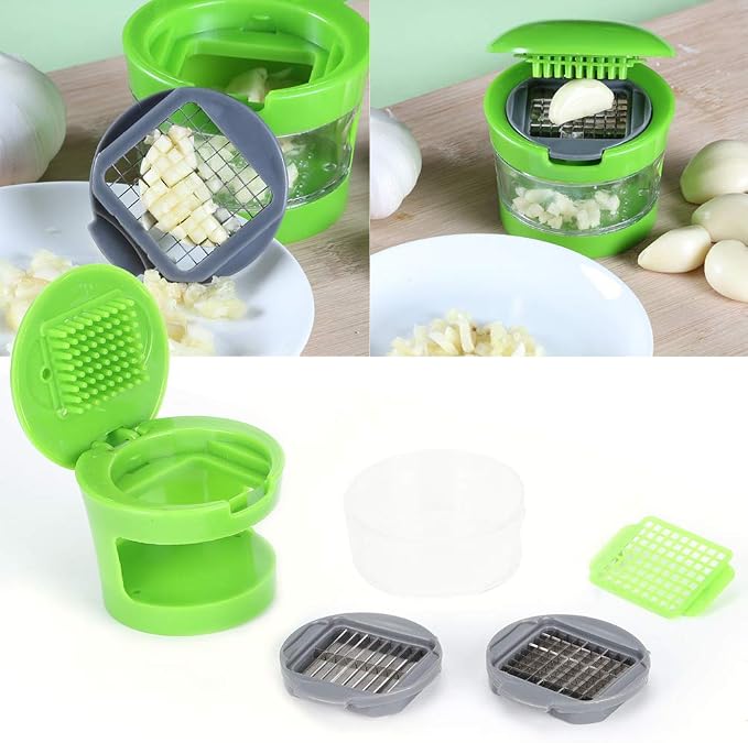 Garlic Chopper Roller, Garlic Press and Peeler Ginger Cutter Mincer with Stainless Steel Blades Kitchen Gadget Tool Set Green