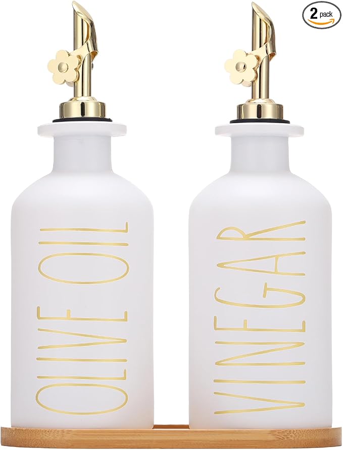 HOMCDALY Premium Olive Oil Dispenser for Kitchen, 11.8oz Glass Oil Bottles with Bamboo Tray, White and Gold Oil&Vinegar Cruet Set, Kitchen Dispenser Bottles with Pourer| Set of 2 (11.8oz –P–Gold)