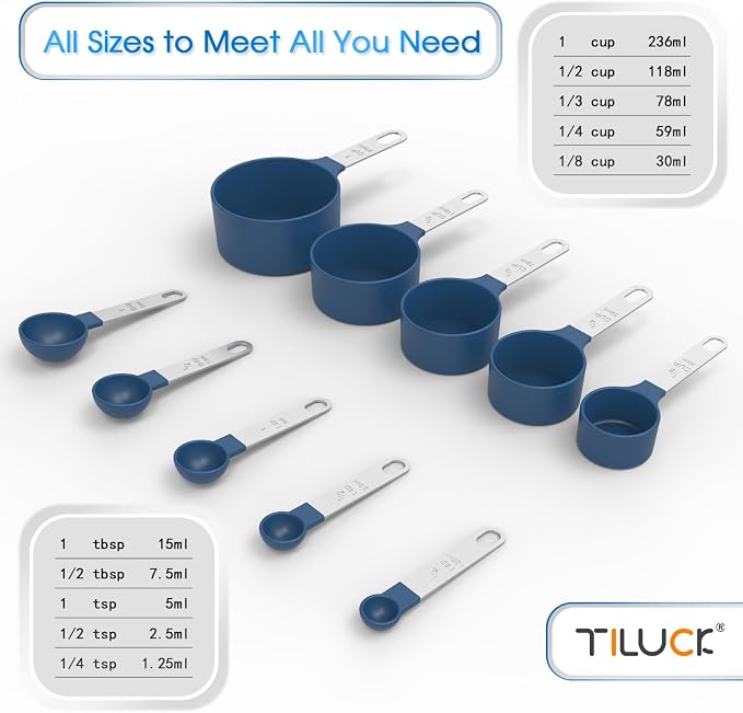 Measuring Cups & Spoons Set, Stackable Cups and Spoons | Nesting Measure Cups with Stainless Steel Handle, Kitchen Gadgets for Cooking & Baking (Blue)