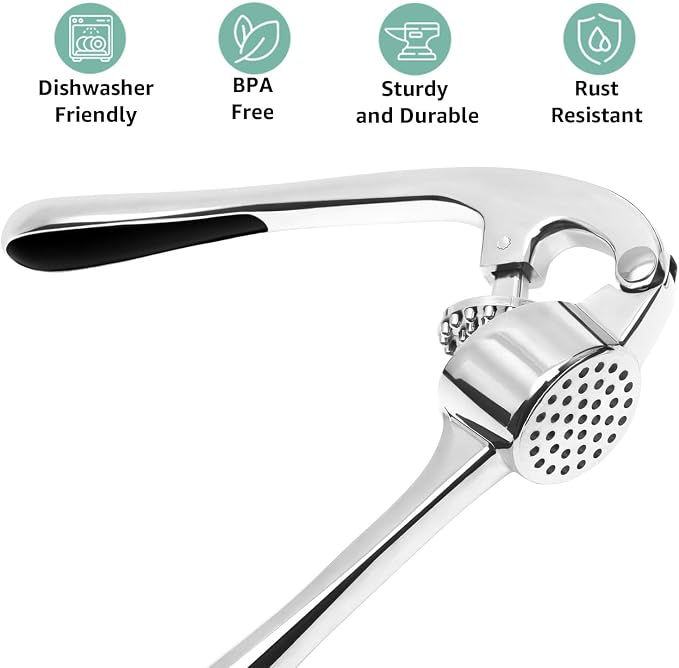 Garlic Press Crusher & Mincer – Easy Squeeze Ergonomic Handle, Heavy Duty Zinc Alloy, Dishwasher Safe, Includes Peeler & Cleaning Brush – Garlic Ginger Crusher Tool (Imperial Silver)