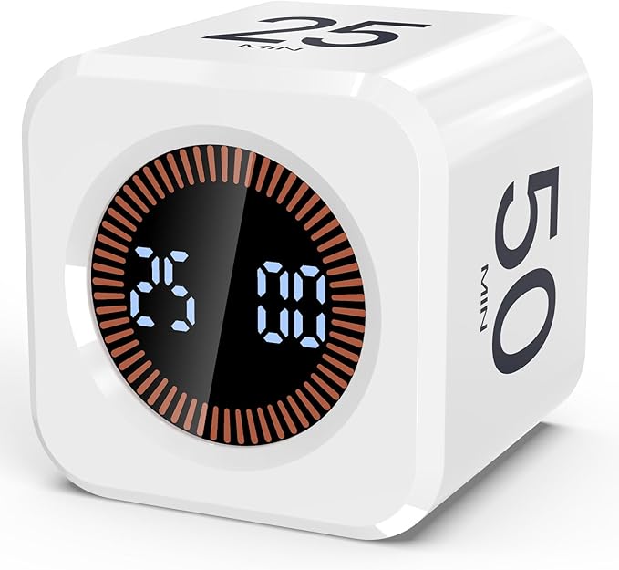 Digital Pomodoro Timer Cube 5/10/25/50min, Visual Productivity Flip Timer for Kids Classroom Desk, Custom Countdown, Silent and Sound Mode for ADHD Study Work Game Kitchen (White)