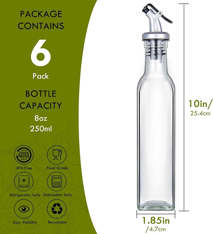 YEBODA 8oz Clear Glass Olive Oil Dispenser Bottles, and Vinegar Cruet Bottle Includes Pourers, Funnel Labels, Cooking Container for Kitchen 6 Pack