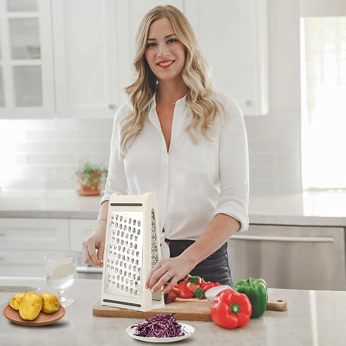 Cheese Grater - Reversible Box Grater with Two Sides Handheld | Double Sided Food Grater with Storage Container, Stainless Steel Blades for Cheese,Vegetables,Ginger,Garlic