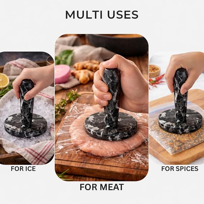 Marble Meat Pounder Tenderizer 5" Inches Black Handmade Round Chicken Flattener Tool - Works Great As A Smash Burger Press - Meat Flattener for Steak, Chicken, Pork