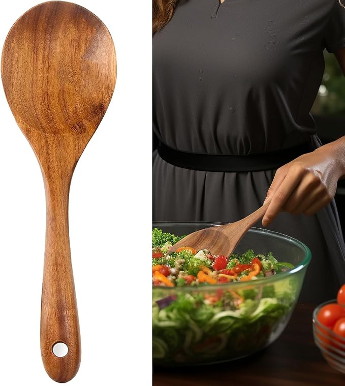 Large Teak Wood Spoon for Cooking, 13-Inch Teak Wooden Salad Sever, Natural Wood Salad Spoon with Long Handles, Wooden Salad Server Nontoxic BPA-Free & Heat Resistant