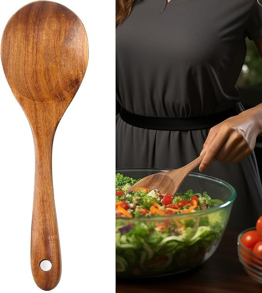 Large Teak Wood Spoon for Cooking, 13-Inch Teak Wooden Salad Sever, Natural Wood Salad Spoon with Long Handles, Wooden Salad Server Nontoxic BPA-Free & Heat Resistant