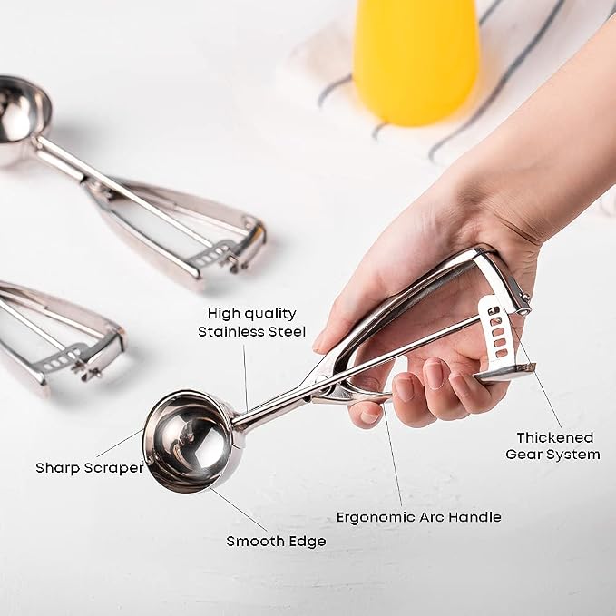 Ecowin Cookie Scoop Set Ice Cream Scoops, 3 PCS Thick Stainless Steel Ice Cream Scoop with Trigger Release, Cookie Scooper for Baking, Free Piping Bag and Tips Cake Decorating, Easy to Clean