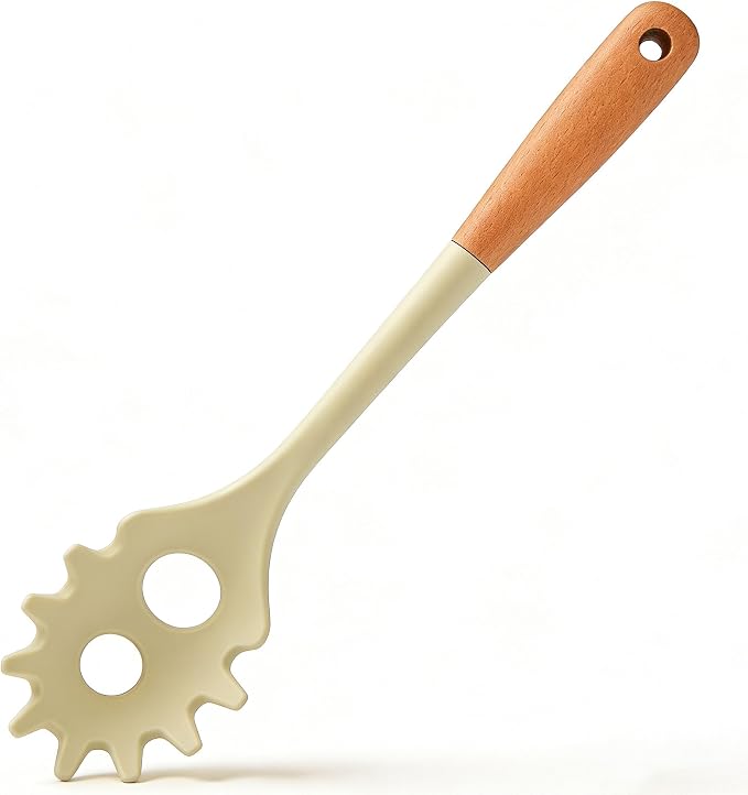 Silicone Pasta Server Spoon Nonstick Spaghetti Spoon with Wooden Handle Pasta Serving Spoon for Noodles Spaghetti Pasta Salad and Daily Cooking