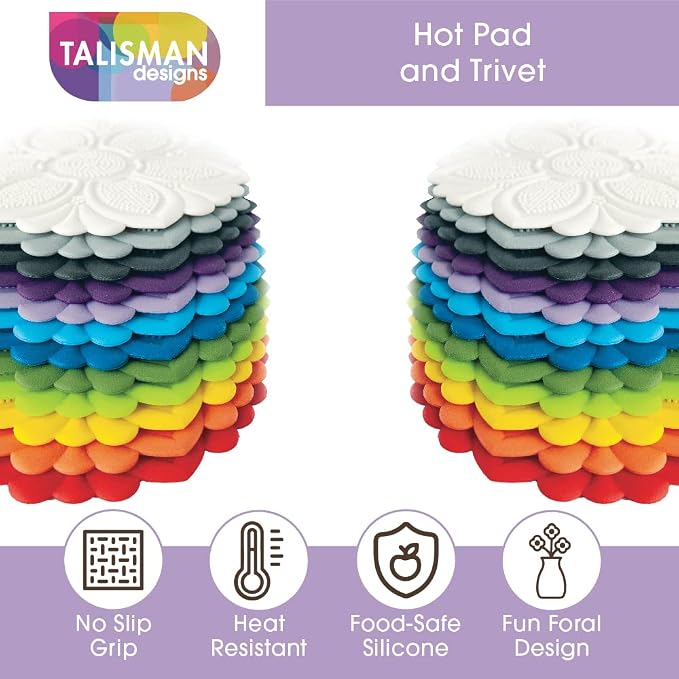 Talisman Designs No-Slip Grip Silicone Hot Pad & Trivet, Surface Protection from Hot Dishes, Up to 500-Degree Heat Resistance, Multipurpose Kitchen Supplies, Black (Set of 1)