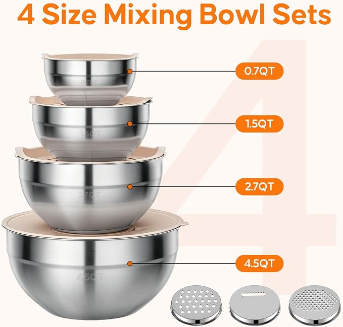 Stainless Steel Mixing Bowls with Lids Set, 4 Pack Cooking Bowls | Nesting Mixing Bowls with 3 Grater Attachments, Kitchen Airtight Metal Bowls, Size 4.5, 2.7, 1.5, 0.7QT for Mixing, Baking