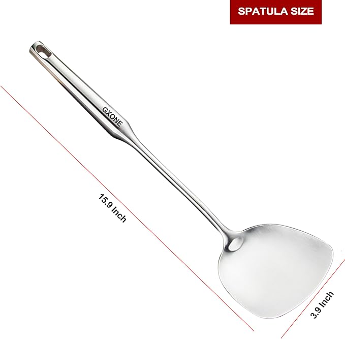 Wok Spatula Stainless Steel, Wide Metal Spatula with Hollow Long Handle Wok Utensils,Silver/14.7Inch