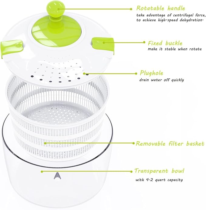 Huji Multifunctional Large Salad Spinner (4 Quarts) and Mandoline Set – 5 Blade Slicer, Drainer, Tosser, Vegetable Dryer with a Pouring Spout