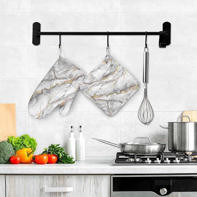 Mxocom White Marble Oven Mitt and Pot Holder with Silicone Fashion Marbling Granite Stone Gold Black Gray Heat Resistant Kitchen for Cooking BBQ Baking Grilling Spring/Summer
