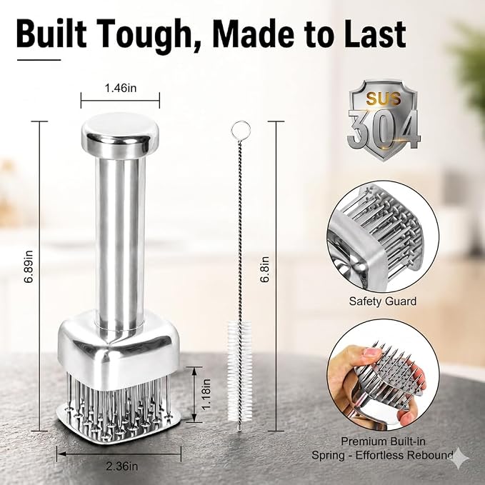 28-Needle Meat Tenderizer Tool, 304 Stainless Steel Steak Tenderizer | with Safety Guard & Cleaning Brush, Dishwasher Safe Kitchen Gadget for Faster Marinade & Grilling