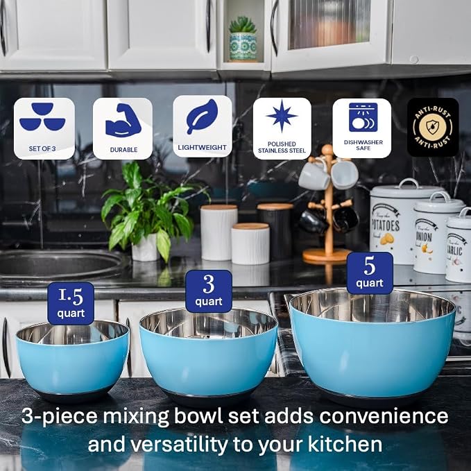 Stainless Steel Mixing Bowls Set, 3-Piece with Silicone Base | 1.5, 3 & 5 Qt Metal Bowls for Meal Prep, Baking, Cooking, Serving & Food Storage, Non-Slip Base, Dishwasher Safe, Blue