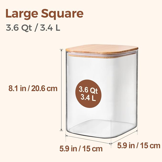 ComSaf Glass Storage Jars with Bamboo Lids 3.6 Qt 2 Pack Large Wide Mouth | Pantry Organization, Flour Sugar Coffee Beans, Pasta Cereal Dry Food, Big Capacity, Cabinet Organization, Dry Food Storage
